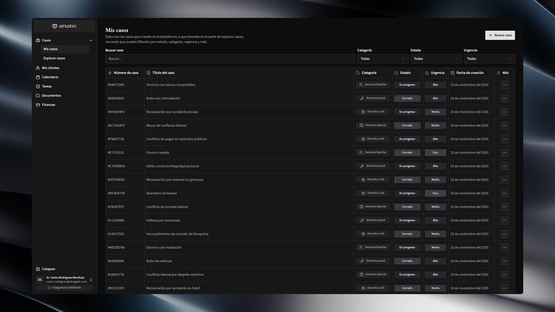Vista general del escritorio de Arxatec para abogados